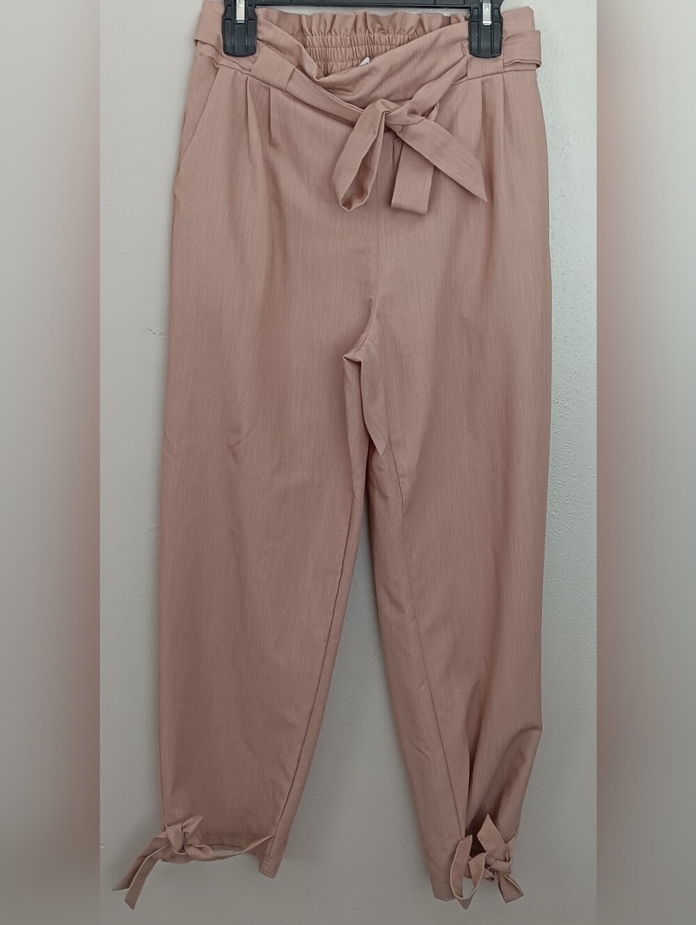 Grace Karin Beige Paperbag High Waist Bow Cuffs Side Zipper Women's Pants Sz L
